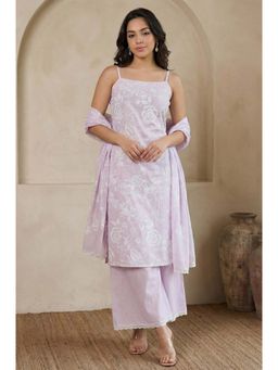W - Lavender Floral Pure Cotton Noodle Straps Straight Kurta With Palazzo & Dupatta