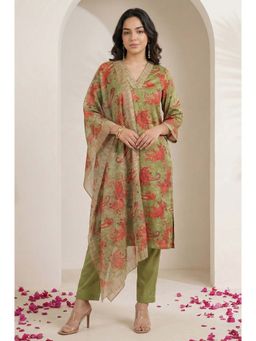 W - Olive Sequins Paisley Printed Straight Satin Kurta With Pant & Dupatta