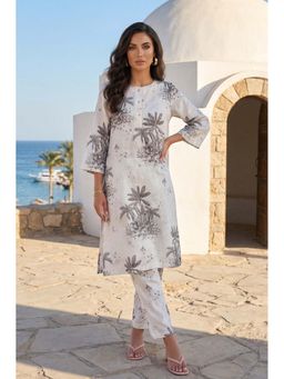 W - Off White Tropical Floral Printed Rayon Straight Co-Ord Set