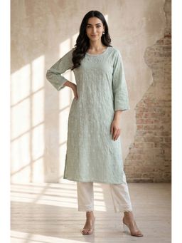 W - Sea Green Schiffli Embroidered Rayon Straight Kurta