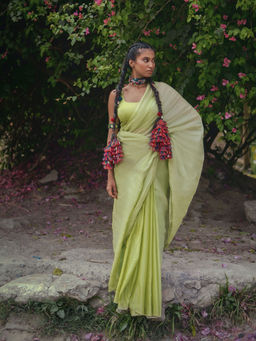 Huts and Looms - Green Handloom Cotton Silk Silver Zari Stripes Saree with Unstitched Blouse