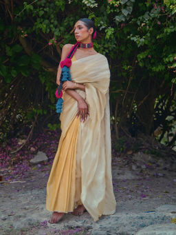 Huts and Looms - Yellow Handloom Cotton Silk Silver Zari Stripes Saree with Unstitched Blouse