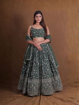 Odette - Olive Georgette Embellished Semi Stitched Lehenga with Unstitched Blouse and Dupatta