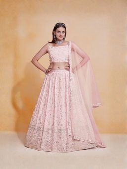Odette - Light Pink Georgette Embellished Semi Stitched Lehenga with Blouse and Dupatta