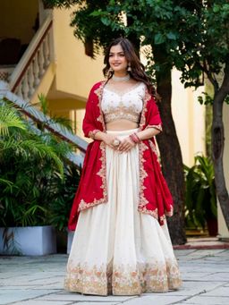 Odette - Off White Silk Blend Embellished Semi Stitched Lehenga with Blouse and Dupatta