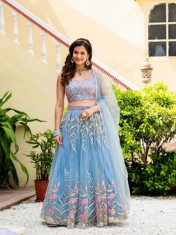 Odette - Sky Blue Net Embellished Semi Stitched Lehenga with Unstitched Blouse and Dupatta