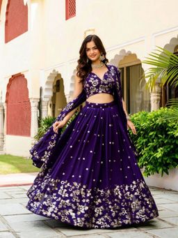 Odette - Deep Purple Silk Blend Embellished Semi Stitched Lehenga with Blouse and Dupatta