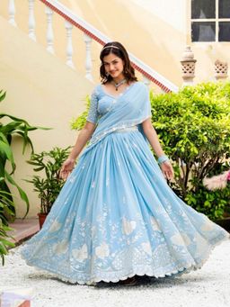 Odette - Sky Blue Georgette Embellished Semi Stitched Lehenga with Blouse and Dupatta