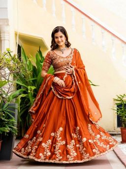 Odette - Rust Silk Blend Embellished Semi Stitched Lehenga with Blouse and Dupatta