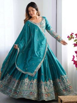 Odette - Teal Blue Crepe Embellished Semi Stitched Lehenga with Blouse and Dupatta