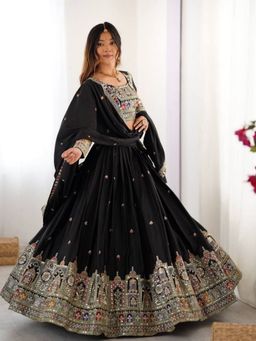 Odette - Black Crepe Embellished Semi Stitched Lehenga with Unstitched Blouse and Dupatta