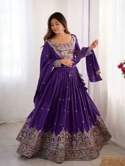 Odette - Purple Crepe Embellished Semi Stitched Lehenga with Unstitched Blouse and Dupatta