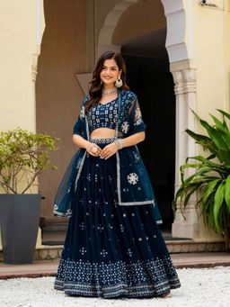 Odette - Teal Blue Georgette Embellished Semi Stitched Lehenga with Blouse and Dupatta