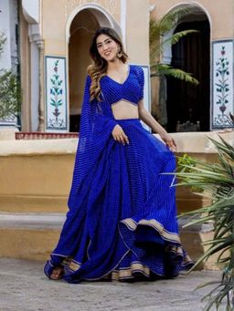 Odette - Blue Georgette Stripe Printed Semi Stitched Lehenga with Blouse and Dupatta