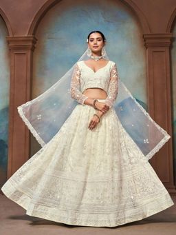Odette - Off White Net Embellished Semi Stitched Lehenga with Unstitched Blouse and Dupatta
