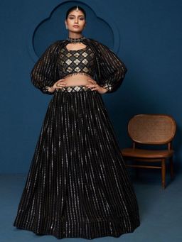 Odette - Black Georgette Embellished Semi Stitched Lehenga with Blouse and Dupatta
