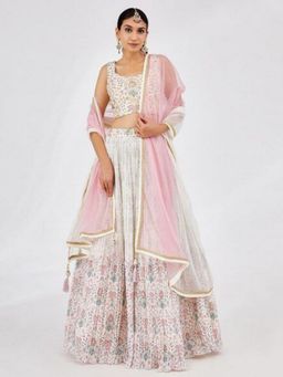 Odette - White Georgette Floral Printed Semi Stitched Lehenga with Blouse and Dupatta