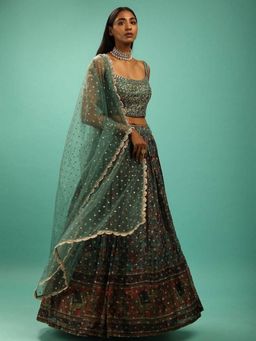 Odette - Deep Green Chinon Embellished Semi Stitched Lehenga with Blouse and Dupatta