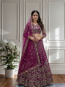 Odette - Deep Magenta Net Embellished Semi Stitched Lehenga with Blouse and Dupatta