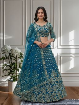 Odette - Blue Net Embellished Semi Stitched Lehenga with Unstitched Blouse and Dupatta