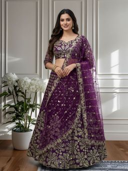 Odette - Purple Net Embellished Semi Stitched Lehenga with Unstitched Blouse and Dupatta