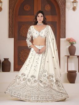 Odette - White Silk Blend Embellished Semi Stitched Lehenga with Blouse and Dupatta