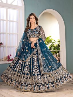 Odette - Teal Blue Net Embellished Semi Stitched Lehenga with Unstitched Blouse and Dupatta