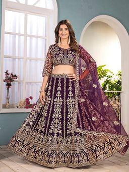 Odette - Deep Purple Net Embellished Semi Stitched Lehenga with Blouse and Dupatta