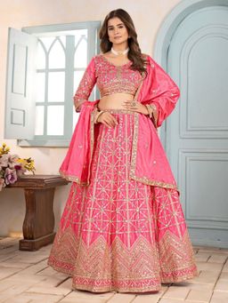 Odette - Peach Chinon Embellished Semi Stitched Lehenga with Unstitched Blouse and Dupatta