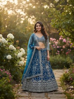 Odette - Teal Blue Net Embellished Semi Stitched Lehenga with Unstitched Blouse and Dupatta