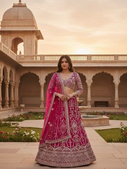 Odette - Pink Net Embellished Semi Stitched Lehenga with Unstitched Blouse and Dupatta