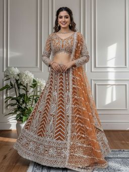 Odette - Beige Net Embellished Semi Stitched Lehenga with Unstitched Blouse and Dupatta