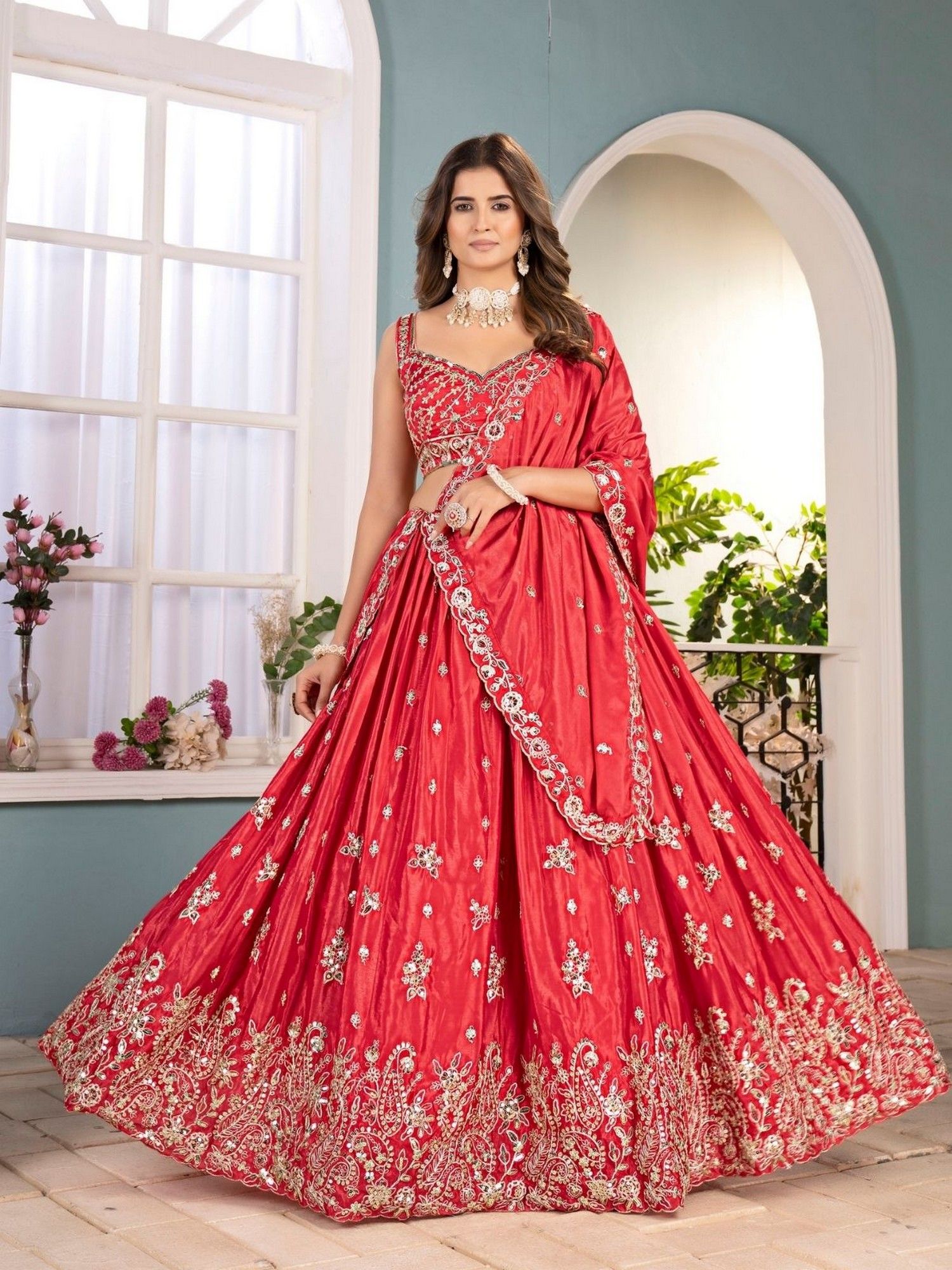 odette Red Chinon Embellished Semi Stitched Lehenga with Unstitched Blouse and Dupatta-picture-2