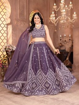 Odette - Dusty Purple Georgette Embellished Semi Stitched Lehenga with Blouse and Dupatta