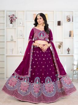 Odette - Wine Georgette Embellished Semi Stitched Lehenga with Unstitched Blouse and Dupatta