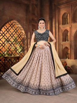 Odette - Beige Georgette Embroidered Semi Stitched Lehenga with Blouse and Dupatta