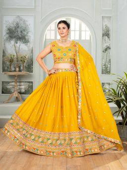 Odette - Yellow Georgette Embellished Semi Stitched Lehenga with Blouse and Dupatta