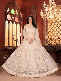 Odette - Beige Net Embellished Semi Stitched Lehenga with Unstitched Blouse and Dupatta