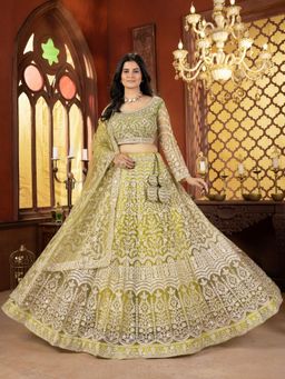 Odette - Lime Green Net Embellished Semi Stitched Lehenga with Unstitched Blouse and Dupatta