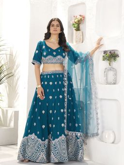 Odette - Teal Blue Georgette Embellished Semi Stitched Lehenga with Blouse and Dupatta