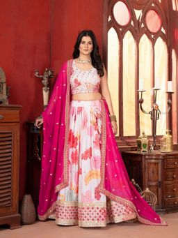 Odette - Multi Colour Chinon Embellished Semi Stitched Lehenga with Blouse and Dupatta