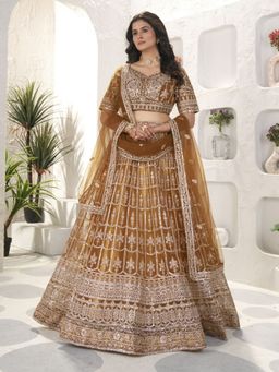 Odette - Brown Net Embellished Semi Stitched Lehenga with Unstitched Blouse and Dupatta