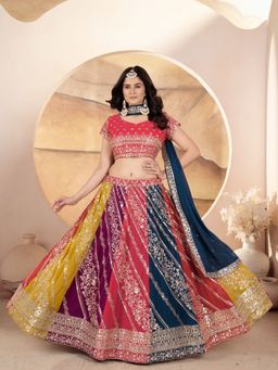 Odette - Multi Colour Georgette Embellished Semi Stitched Lehenga with Blouse and Dupatta