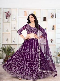 Odette - Deep Purple Georgette Embellished Semi Stitched Lehenga with Blouse and Dupatta