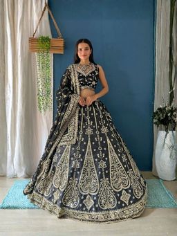 Odette - Black Silk Blend Embellished Semi Stitched Lehenga with Blouse and Dupatta