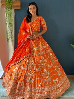 Odette - Orange Silk Blend Embellished Semi Stitched Lehenga with Blouse and Dupatta
