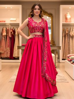 Odette - Pink Satin Embellished Semi Stitched Lehenga with Unstitched Blouse and Dupatta