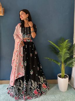Odette - Black Silk Blend Embellished Semi Stitched Lehenga with Blouse and Dupatta