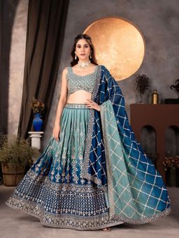 Odette - Blue Georgette Embroidered Semi Stitched Lehenga with Unstitched Blouse and Dupatta