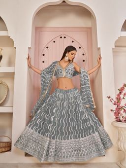 Odette - Grey Net Embroidered Semi Stitched Lehenga with Unstitched Blouse and Dupatta